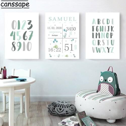 Boy Custom Name Birth Print ABC Alphabet Wall Art Canvas Painting Number Enlightenment Poster Picture Nursery Decor Baby Room