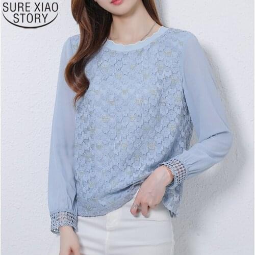 2021 New Lace Chiffon Spliced Blouse Fashion Hollow Long Sleeve Shirit Women Tops Autumn Elegant O-neck Clothes Blusas 16415