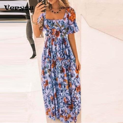 New Boho Dress Women Plus Size Summer Fashion Short Sleeve A-Line Dress Floral Printed Long Dress Bohemian Elegant Dress 2021
