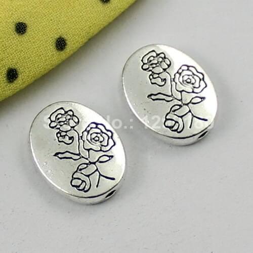 20pcs/lot Zinc Alloy Silver Tone Flat Oval With Flower Beads For Necklace DIY Jewelry Making Accessories 13x10mm Hole:1mm K01887