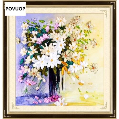 POVUOP Ribbon embroidery 48X50cm 3d classic paintings cross stitch
