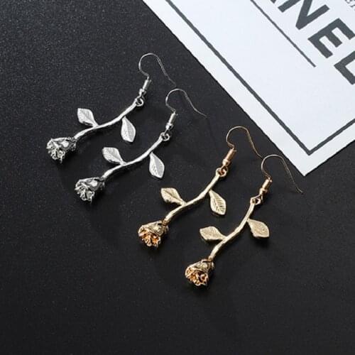 Gold/Silver Color Metal Rose Flowers Pendant Earrings For Woman Romantic Delicate Rose Flowers Earrings