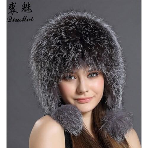 Real Fox Fur Pompom Bomber Hats Russian Female Beanies Natural Raccoon Fur Hat Knitted Skullies Beanies Womens Cap Winter Hats