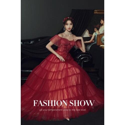 Wine red beading ruffled cake fairy queen collar long dress medieval Renaissance Victoria ball gown