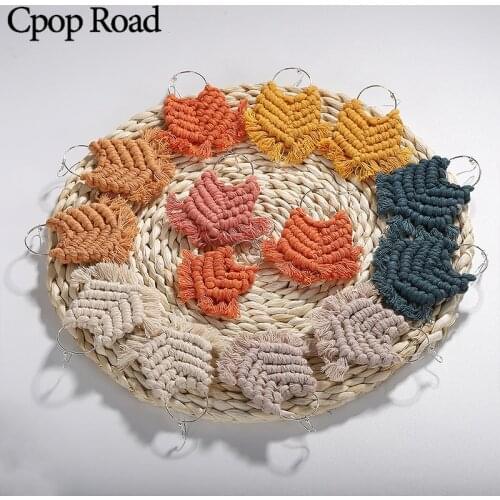 Cpop Vintage Boho Macrame Earrings Ethnic Feather Fringe Tassel Earring for Women Bridesmaid Gift Pink Brown Cotton Accessories