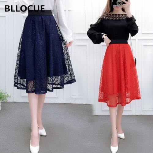 BLLOCUE New 2020 High Waist Mesh Fluffy Skirt Spring Women Fashion Hollow Lace A-line Midi Skirt