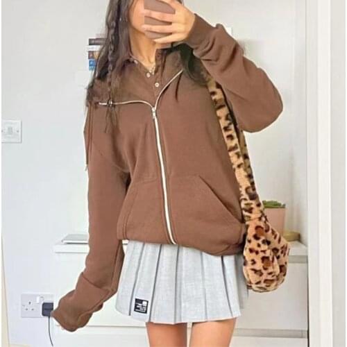 Indie 90s Streetwear Fashion Hoodies Y2k Women Grunge Solid Sweatshirts Long Sleeve Pockets Zipper Hoodie Outerwear 2021 Winter