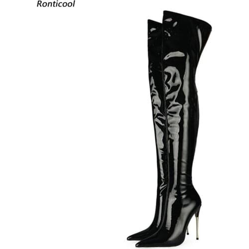 Ronticool 2021 New Women Winter Shiny Thigh Boots Back Zipper Stiletto Metal Heel Pointed Toe Black Red Fuchsia Shoes Size 35-45