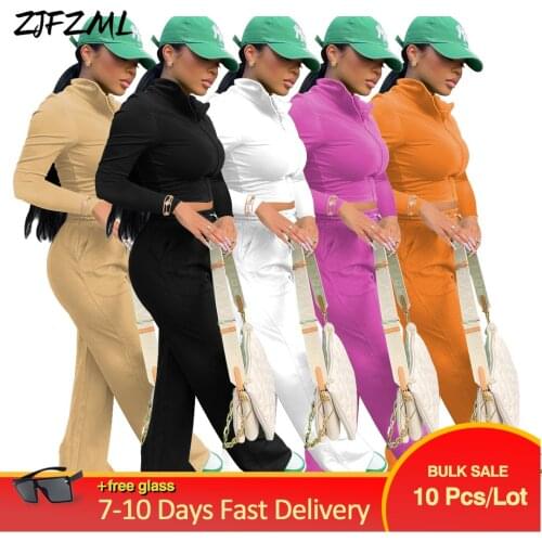 Wholesale Bulk Items Lots Women Tracksuit Two Piece Pant Suit Long Sleeve Turn Down Collar Crop Coat+flare Trouser Streetwear