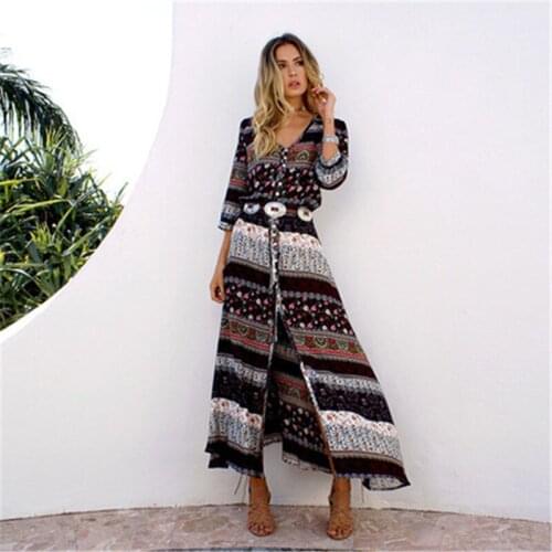 New Summer Long Dress For Womens Bohemian Long Dress Print V-neck National Style Female Beach Dresses Vintage Women Dress T529