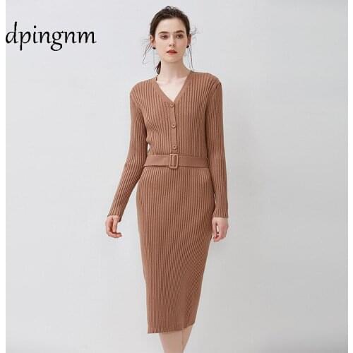 Autumn Winter Elegant Office lady woolen Sweater dress 2018 New Knitted Sexy V neck Slim Long Bodycon Party dresses vestidos