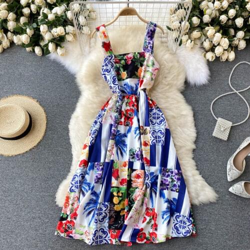 Luxury Quality Europe Style 2021 Summer Elegant Women Sleeveless Floral Print High Waist Dress Ladies Vintage Dresses Vestidos