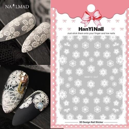 1 sheet White Nail Sticker Fancy Flowers 3D Nail Art Stickers White Lace Adhesive Slider Sticker Manicure Nail Decoretion