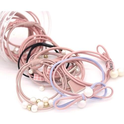 12 Pcs/box Pearls Hair Ropes Bows Elastic Hair Rubber Bands Headwear Women Girls Hair Ties Ponytail Holder Hair Accessories Set