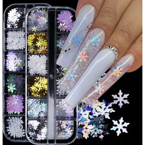 12 Grids Christmas Snowflakes Sequins for Nails Manicure Winter Glitter Flakes Spangles for Gel Paillette Nail Art Decor GLXHH