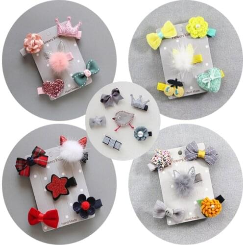 5Pcs Cartoon Flower Bowknot Baby Kids Girls Hairpin Hair Clips Hair Accessories Decor Gift Pink Red