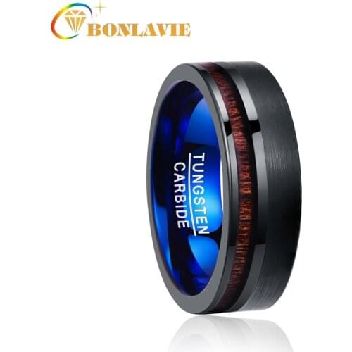8mm Koa Wood Inlay Tungsten Carbide Ring Wedding Band Men Ring Black Brushed Promise Ring Flat Edge Comfort Fit Size 7-12