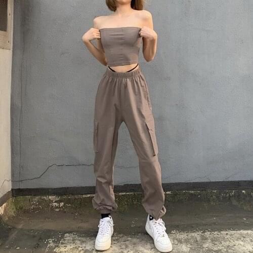 2021 Hot Autumn Hip-hop Style Casual Loose High Waist Pockets Harem Pants Sexy Fashion Brown Trousers Women Pants Joggers Women