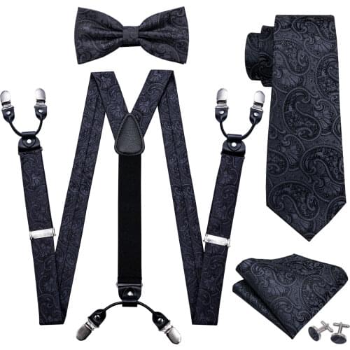 Black Paisley Pre-Bow Tie 100% Silk Ties For Men Suspenders Handkerchief Cufflink Set Barry.Wang Fahsion Designer Wedding Gift