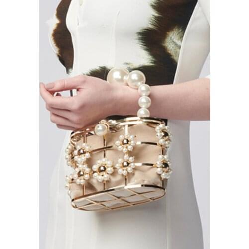 Luxury Qood Quality Metal Rhinestone Hollow Basket Design Women Party Handbag Evening Bag Female Bolsa Totes Pearl Handle Bag