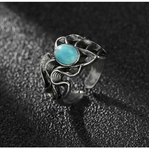 Hot Punk Gothic Blue Gem Stone Female Ring Hip Hop Vintage Metal Open Ring Women Men Jewelry Party Gift Bijoux