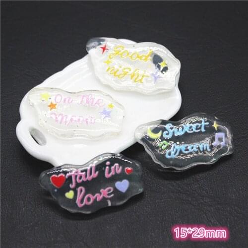 10Pcs Kawaii Resin Word Printed Transparent Cloud Flatback Cabochons DIY Jewelry Craft Phone Decoration Accessories,15*29mm