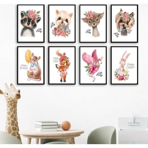Wall Art Canvas Painting Rabbit Fox Deer Flamingo Yorkshire Terrier Nordic Posters And Prints Wall Pictures Baby Kids Room Decor