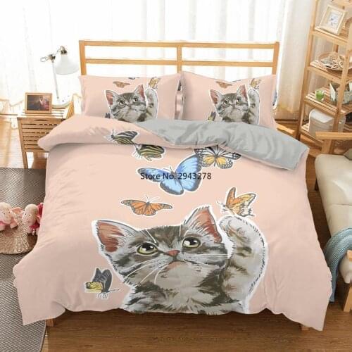 3D Bedding Set Cute Cats & Deer Bedclothes Butterfly Microfiber Comforter Quilt Cover Home Textile Double Kids White Bed Duvet