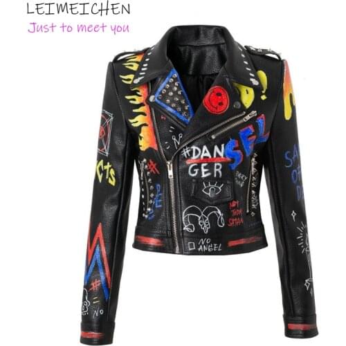 LEIMEICHEN PU Leather Jacket Ladies Studded Punk Rock Biker Rider Jacket Retro Graffiti Flame Print Short Coat Leather Top