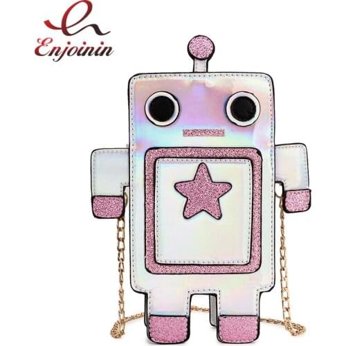 Fashion Cute Robot Model Laser Leather Mini Chain Purse Shoulder Bag Tote Crossbody Bag For Women Bolsa Flap Casual Clutch Bag