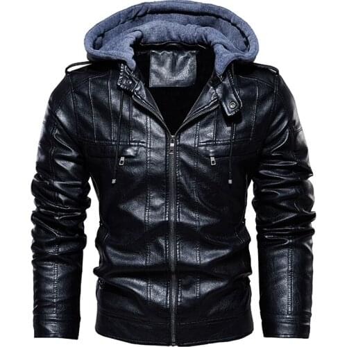 Mens Winter Plus Velvet PU Leather Jacket Hooded Collar Motorcycle Faux Leather Coats Thicken Warm Bomber Jackets Brand Clothing