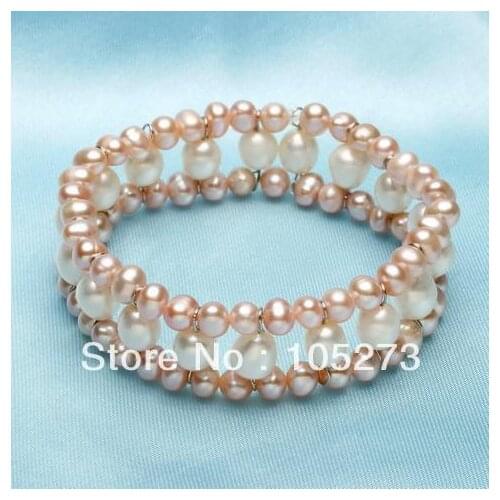 Charming Pearl Jewelry White 7-8mm Purple 4-5mm Natural Freshwater Pearl Elastic Bracelet 7.5'' Fashion Ladys Style Free Ship