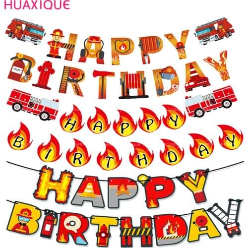 Fire Paper Bunting Garland Banners Flags Happy Birthday Banner Boy Baby Shower Fireman Firefighter Birthday Party Supplies Decor