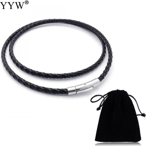 3mm Black Braided Pu Leather Cord Necklace Cowhide With Velveteen Stainless Steel Bayonet Clasp Maxi Long Collier 14/18/28/30"