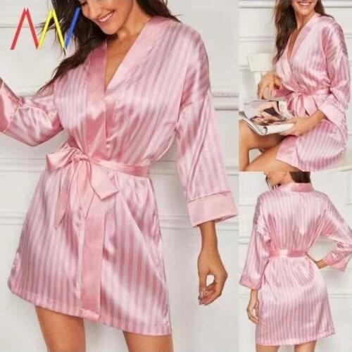 Womens Clothing With Free Shipping New Sexy Sexy Pajamas 3-Piece Set Stretch Satin Pink Striped Jacket Lace Home Suit Robe Sets