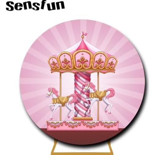 Sensfun Pink Carousel Theme Round Circle Backdrop Cover Girls Newborn Baby Shower 1st Birthday Party Photography Background