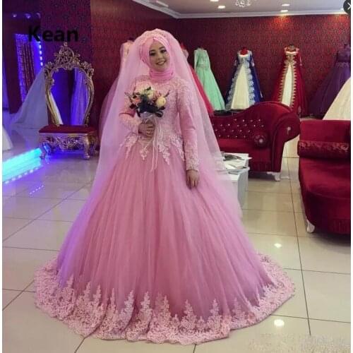 Pink Muslim Wedding Dress High neck Full Sleeve Lace Scarf Vestido De Noiva Dubai Arabic Wedding Gown Bride Dress Robe De Mariee