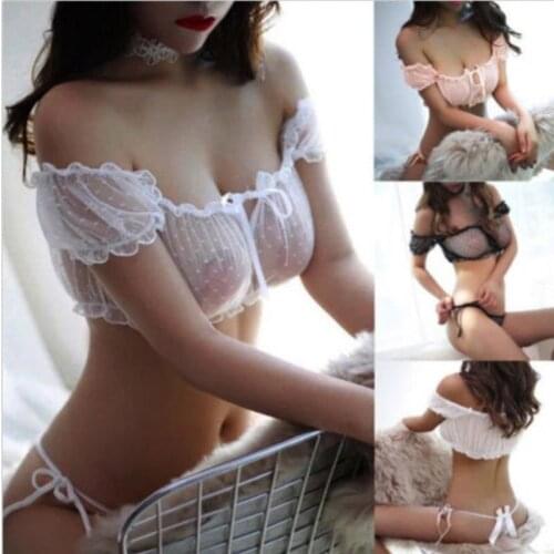 Hot Erotic Lace sexy Lingerie Perspective Mesh Home Pajamas Temptation One-Word Strapless Three-Point Plus Size Sleepwear