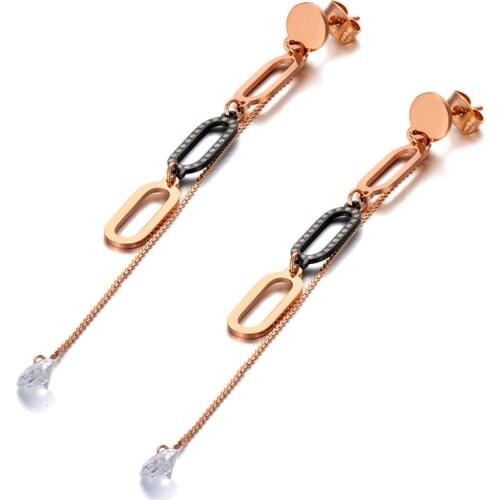 Hyperbole Stainless Steel Hollow Geometry Tassel Earrings Rose Gold CZ Crystal Dangle Ear Jewelry For Women E20148