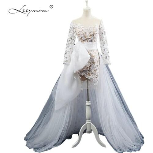 Leeymon Short Wedding Dress 2020 Long Sleeves Lace Wedding Gown Detachable Train Bridal Gowns Real photo A214