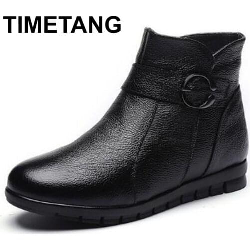 TIMETANG New Fashion Stylish Side Zipper Winter Warm Boots Women Boots Flat Non-slip Middle Ages Women Shoes Black Genuine Leath