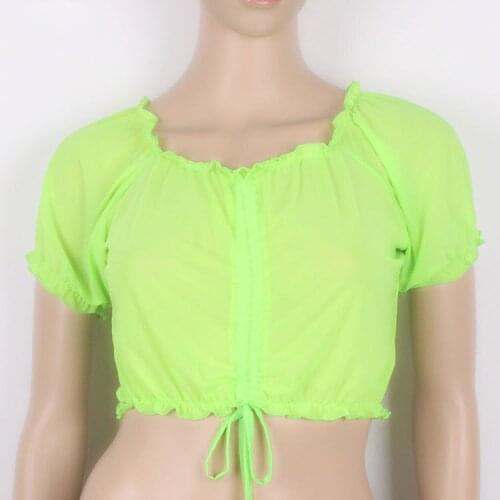 Belly Bance Lace Up Tank Top Ruffles Mesh Transparent Belly Dance Bottom Wear Front Cross Crop Halter Candy Colors FX20