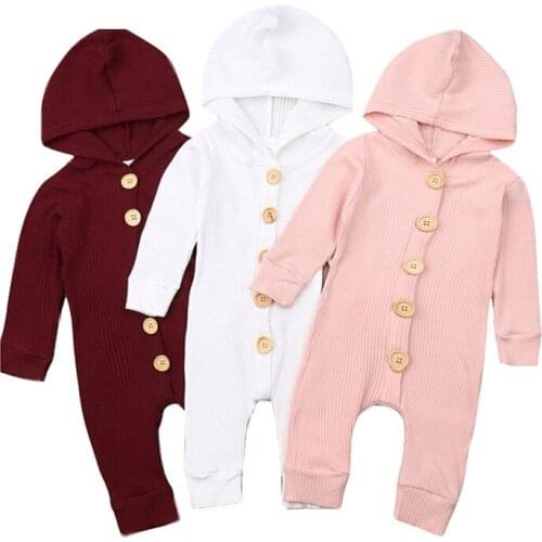Newborn Baby Girl Boy Long Sleeve Knitted Cotton Hooded Romper Autumn Solid Buttons Jumpsuit Clothes Wine Red Pink White