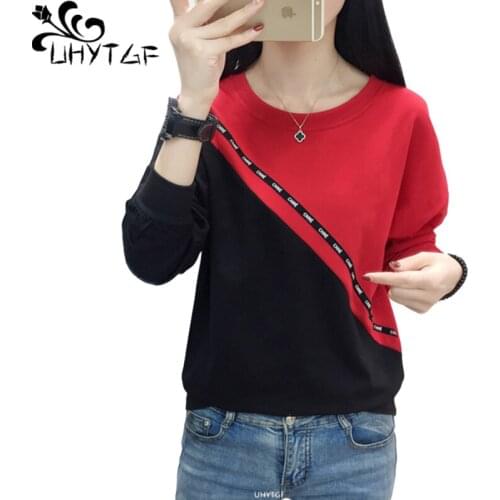 UHYTGF T-Shirts With Long-Sleeved Pullover Casual Autumn Winter Top Women Stitching Cotton 3XL Plus Size Bottoming Clothing 1268