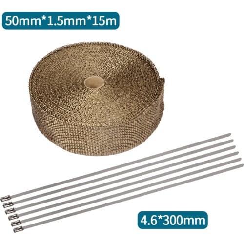 5cm*5M 10M 15M Cable Sleeve Titanium Exhaust Heat Wrap Roll for Motorcycle Fiberglass Heat Shield Tape with Stainless Ties