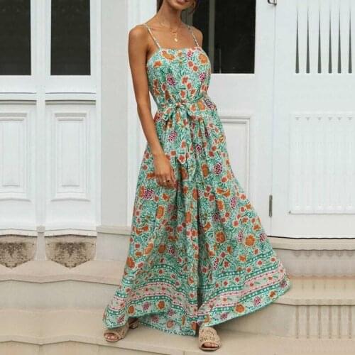 Green Bohemian Style Jumpsuit Female Suspender Belt Tie Waist Overalls Floral Print Summer Seaside Vacation Beach Jumpsuit 2021