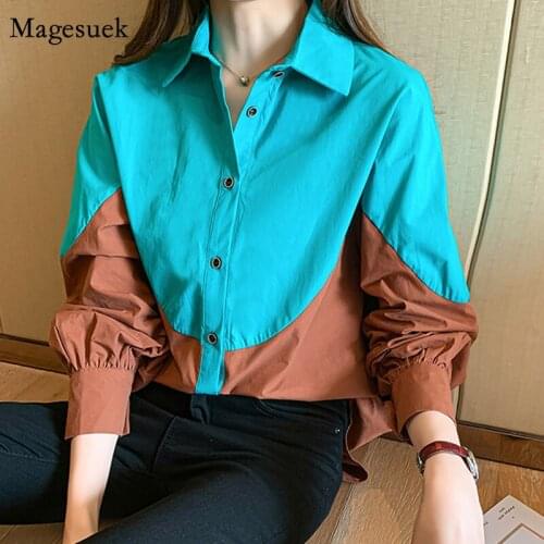 Plus Size Contrast Color Patchwork Shirt Vintage Buttons Long Sleeve Loose Blouse 2021 Spring Korean Clothing for Women 13111