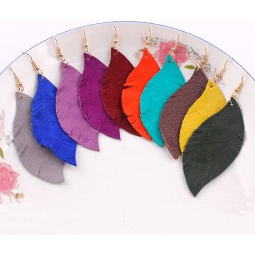 ZWPON Fashion Feather Shape Genuine Goat Leather Earrings for Women Fashion Boho Soft Long Statement Earrings Jewelry Wholesale