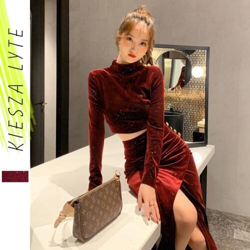 Womens Velvet Set Sparkly Long Sleeve Top Slit Skirt Suit Sexy Slim Sheath Slit Button Skirt 2 Piece Set Party Outfits