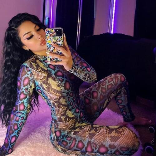 2020 Sexy Women Jumpsuit Serpentine Print O-neck Long Sleeve Jumpsuit Fall Autumn Backless Bodycon Slim Jumpsuit Club Streetwear